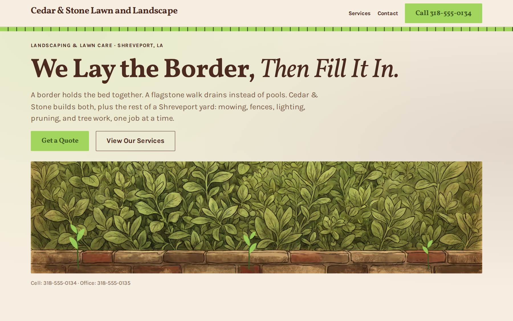 The top of the Cedar & Stone Lawn and Landscape website: a lawn care and landscaping site built for Shreveport, LA