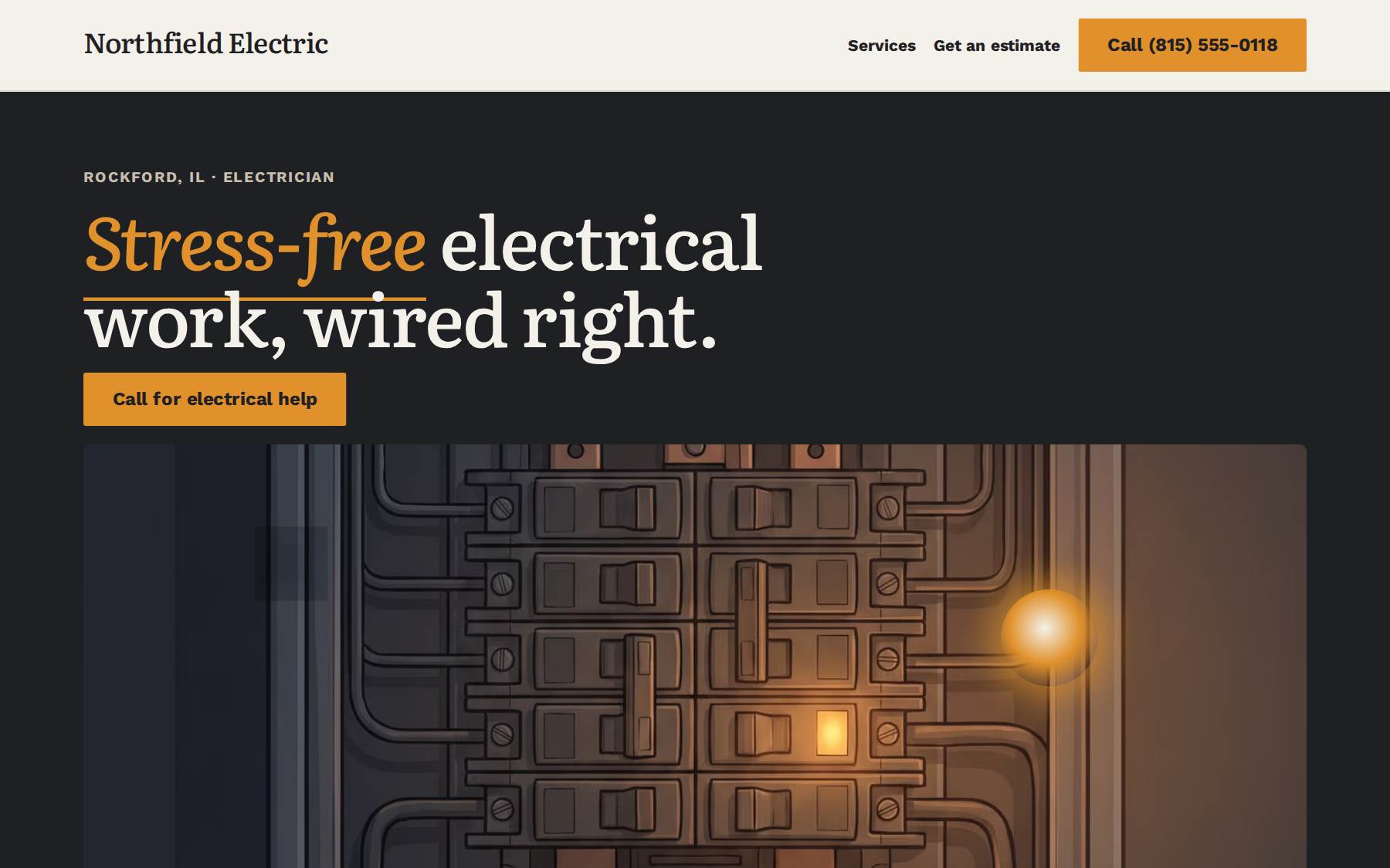 The top of the Northfield Electric website: a electrician site built for Rockford, IL
