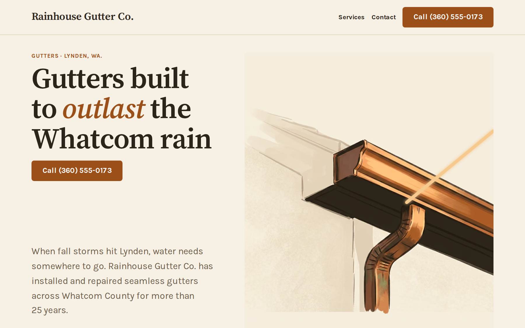 The top of the Rainhouse Gutter Co. website: a gutters site built for Lynden, WA
